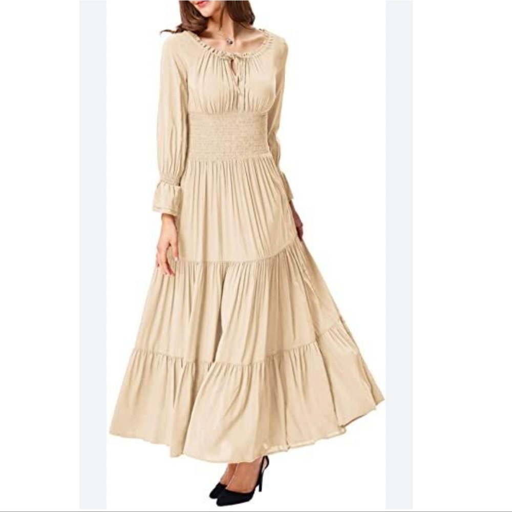 Belle Pogue Women Long Sleeve Maxi Dress In Beige